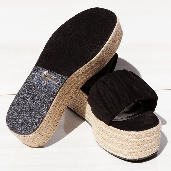 NEW Black Ruched Faux Suede Espadrille Slip On Slides Wedge Platform Sandal Shoe - Picture 6 of 10